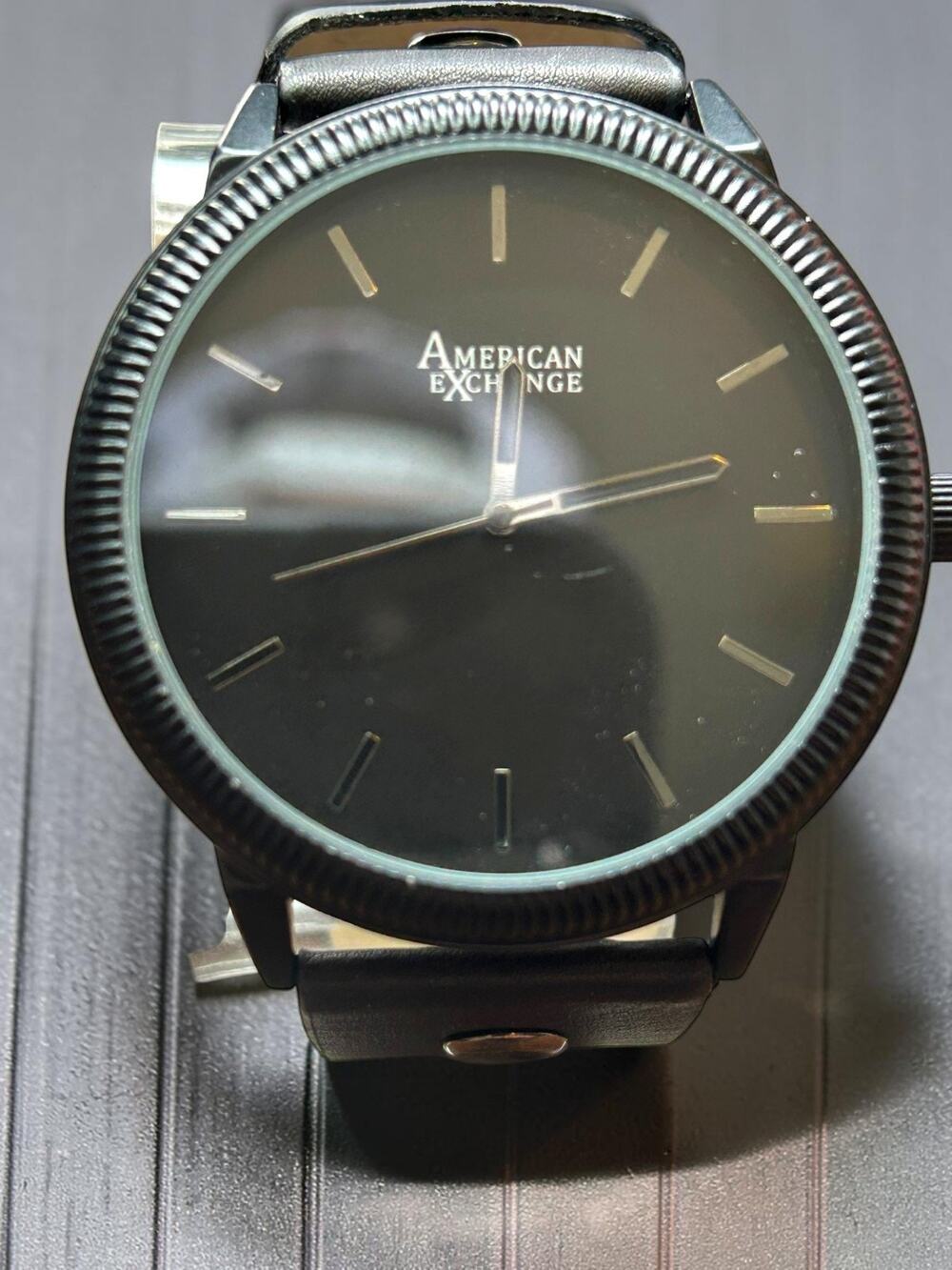 American Exchange Mens Watch Oversized Large Black Dial Leather Strap Quartz